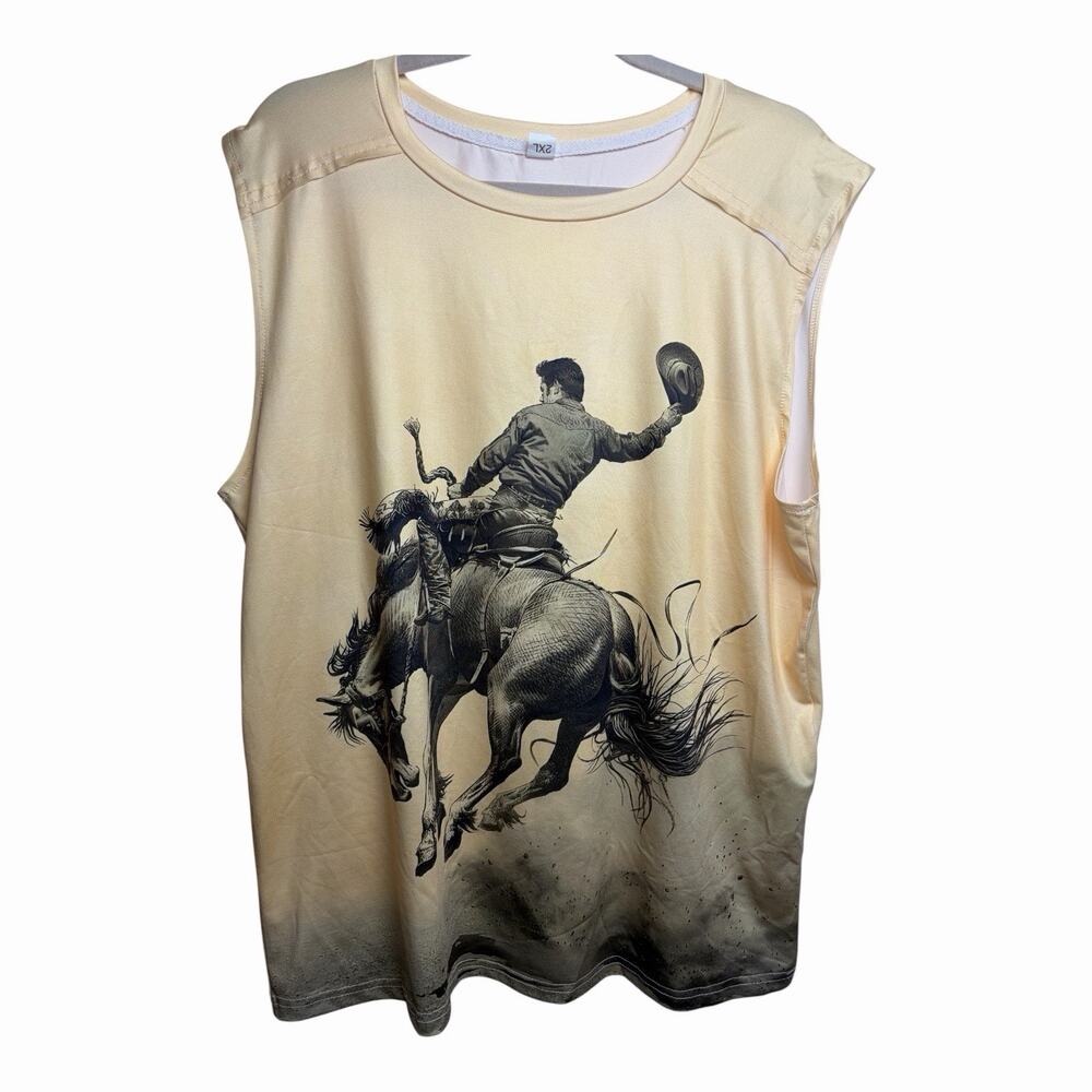 Mens 2XL Cowboy Bull Riding Rodeo Graphic Sleeveless Tank Shirt Western Beige